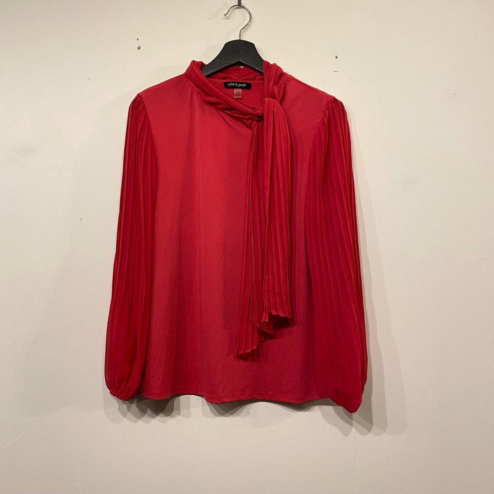 Cable & Gauge Pink Pleated Sleeve Tie Neck Blouse Mock Neck Top Medium